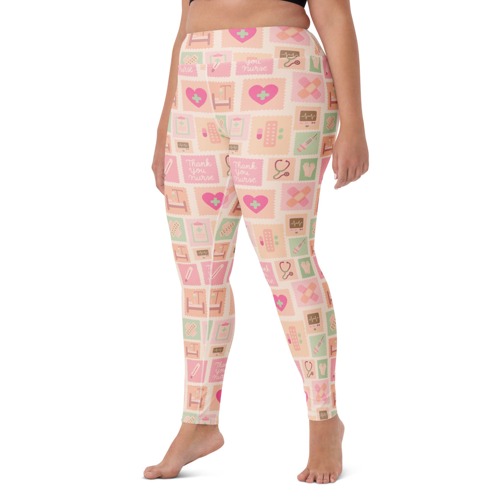 Women’s pink nurse icon buttery soft yoga leggings with pastel pink and mint green medical pattern for high waist comfort