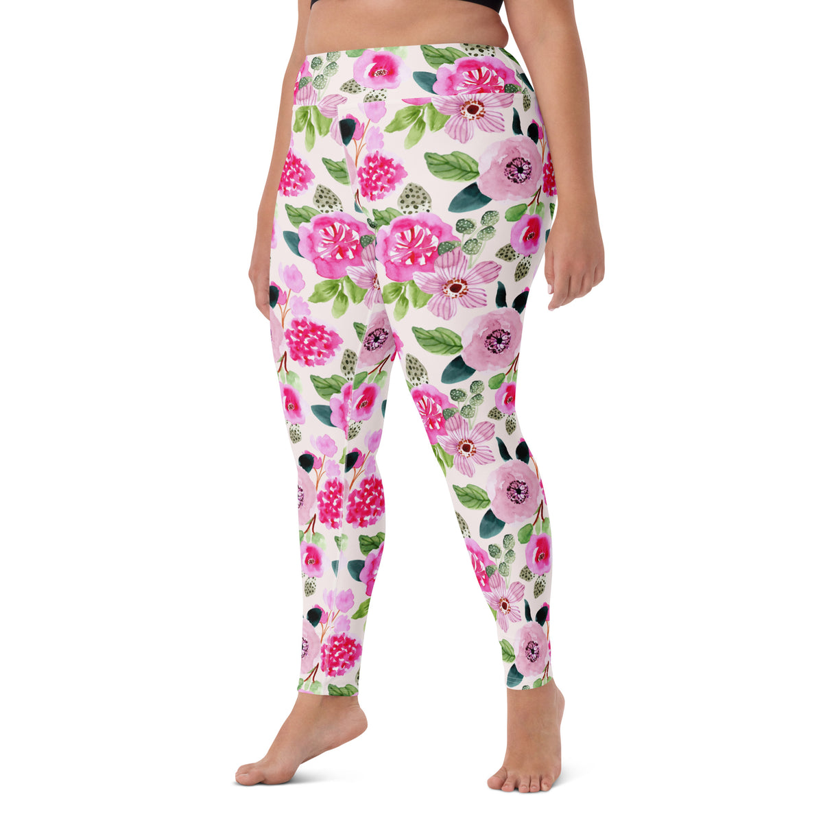 Women's Pink Watercolor Floral Buttery Soft Yoga Leggings - Quick Drying, High Waisted Comfort