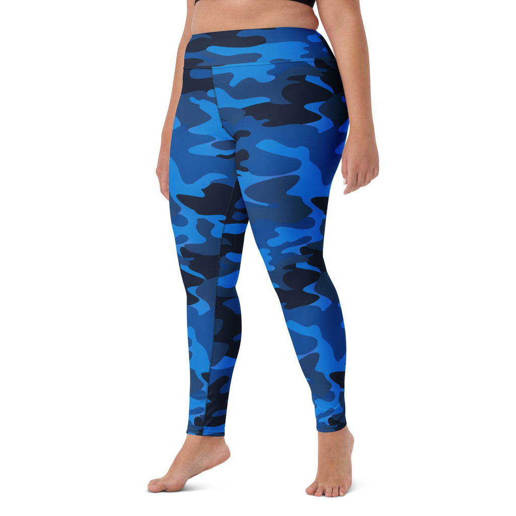 Women's Blue Camouflage Buttery Soft Yoga Leggings - Quick Drying, High Waisted Comfort