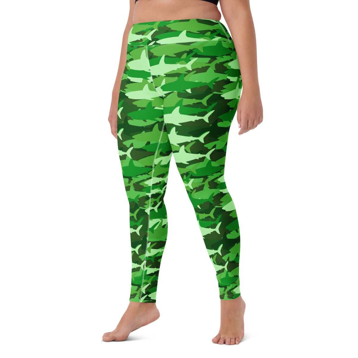 Women's Green Shark Camouflage Buttery Soft Yoga Leggings - Quick Drying, High Waisted Comfort