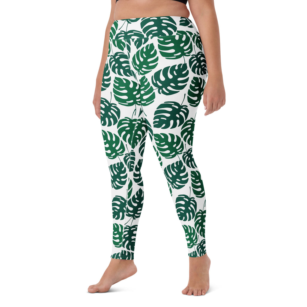 Women's Green Monstera Leaf Buttery Soft Yoga Leggings - Quick Drying, High Waisted Comfort