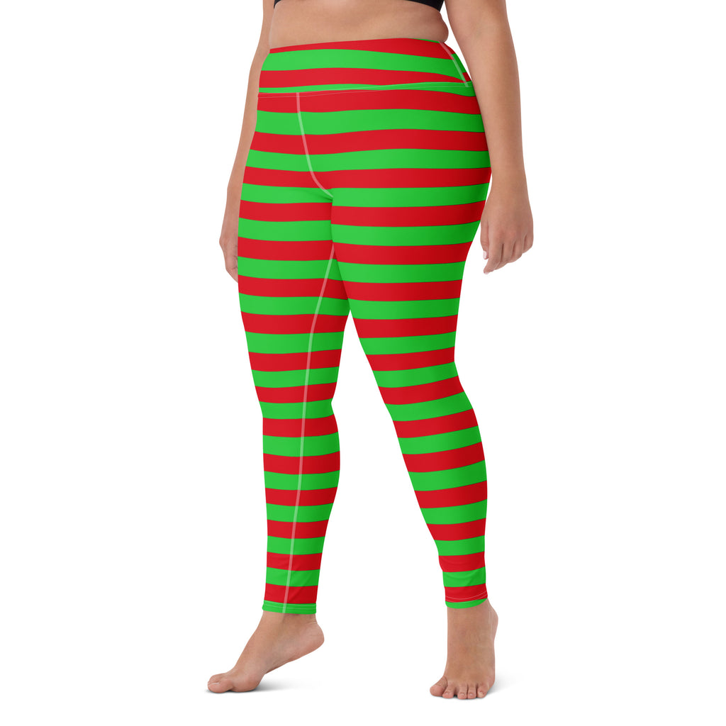 Women's Red & Green Striped Christmas Buttery Soft Yoga Leggings - Quick Drying, High Waisted Comfort