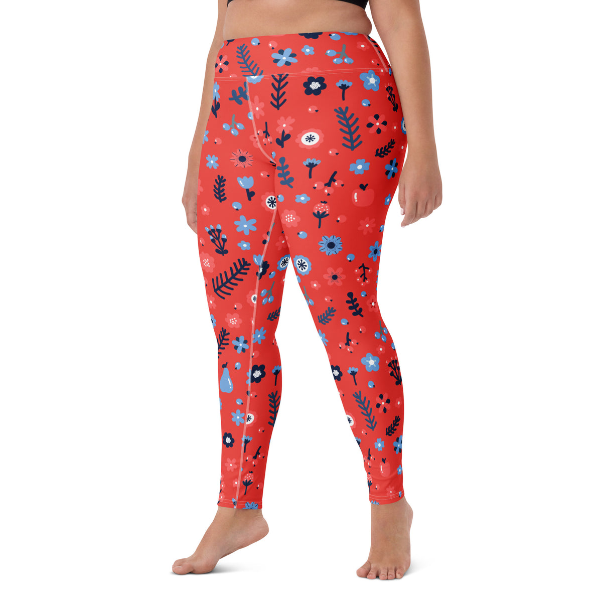 Women's Red Floral Buttery Soft Yoga Leggings - Quick Drying, High Waisted Comfort