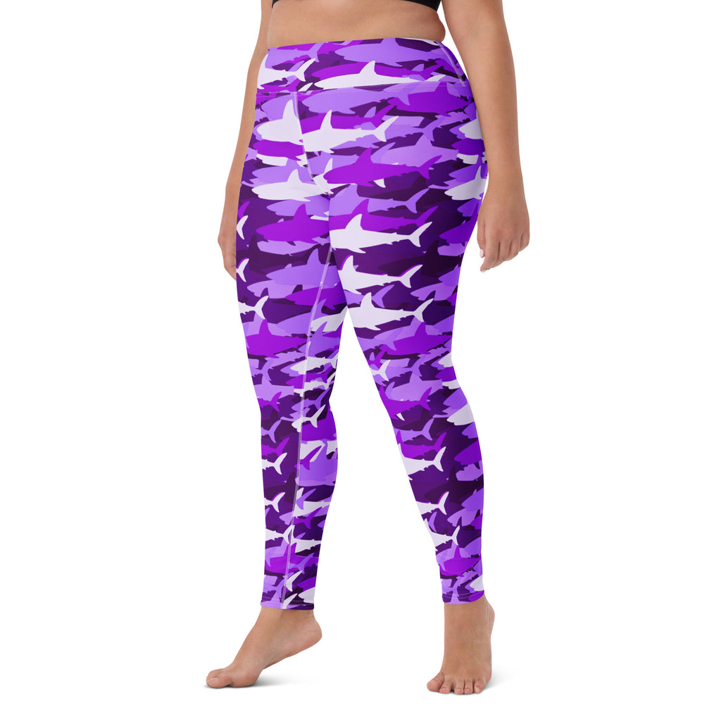 Women's Purple Shark Camouflage Buttery Soft Yoga Leggings - Quick Drying, High Waisted Comfort
