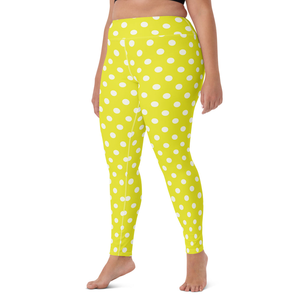 Women's Vibrant Yellow Polka Dot Buttery Soft Yoga Leggings - Quick Drying, High Waisted Comfort