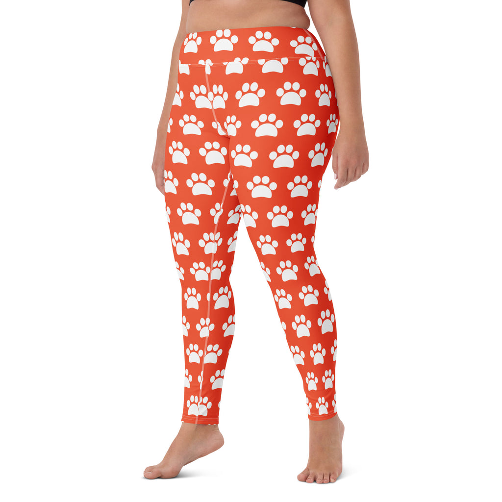 Women's Bright Orange Paw Print Buttery Soft Yoga Leggings - Quick Drying, High Waisted Comfort