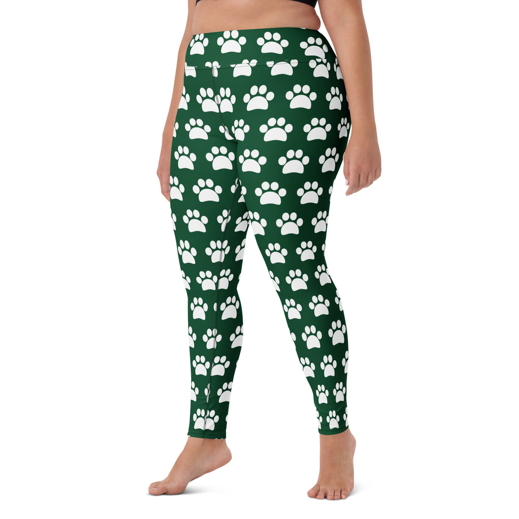 Women's Forest Green Paw Print Buttery Soft Yoga Leggings - Quick Drying, High Waisted Comfort