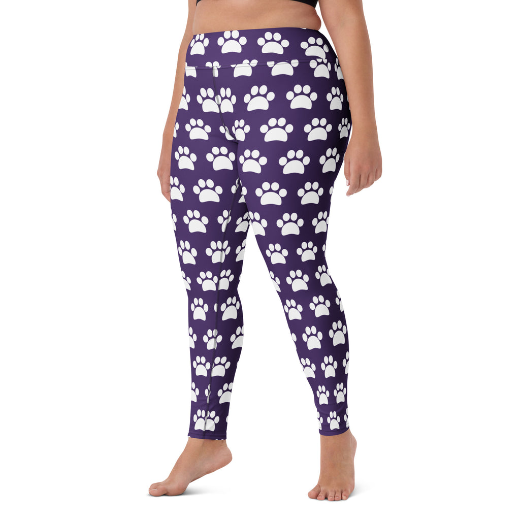 Women's Dark Purple Paw Print Buttery Soft Yoga Leggings - Quick Drying, High Waisted Comfort
