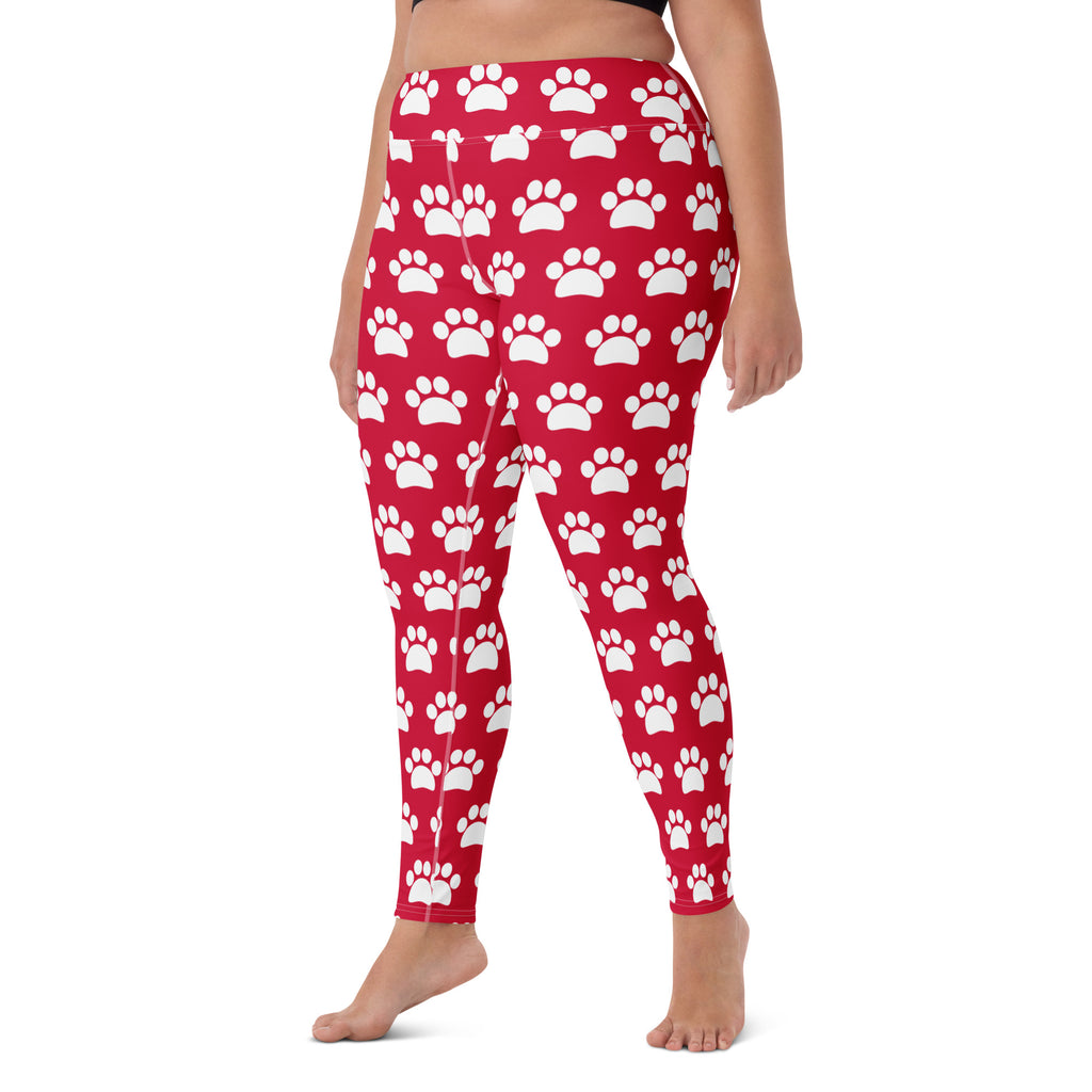 Women's Crimson Red Paw Print Buttery Soft Yoga Leggings - Quick Drying, High Waisted Comfort