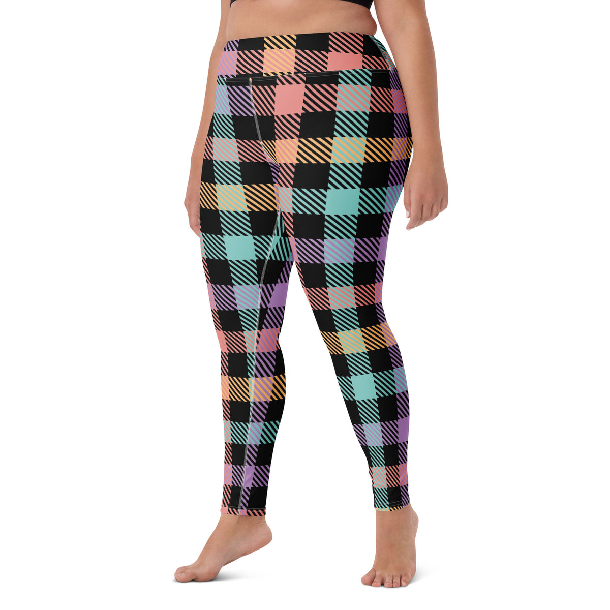 Women's Colorful Black Pastel Plaid Buttery Soft Yoga Leggings - Quick Drying, High Waisted Comfort