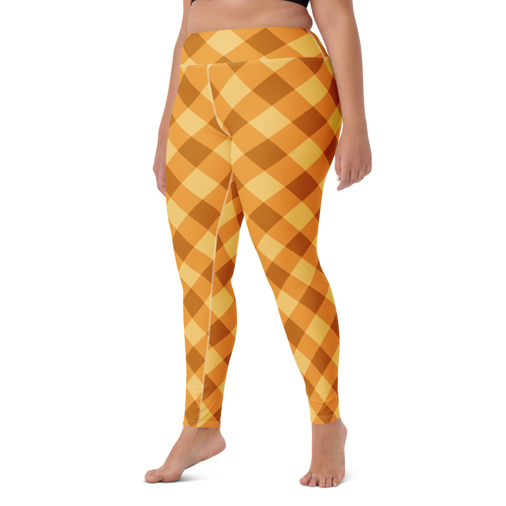Women's Orange Plaid Buttery Soft Yoga Leggings - Quick Drying, High Waisted Comfort