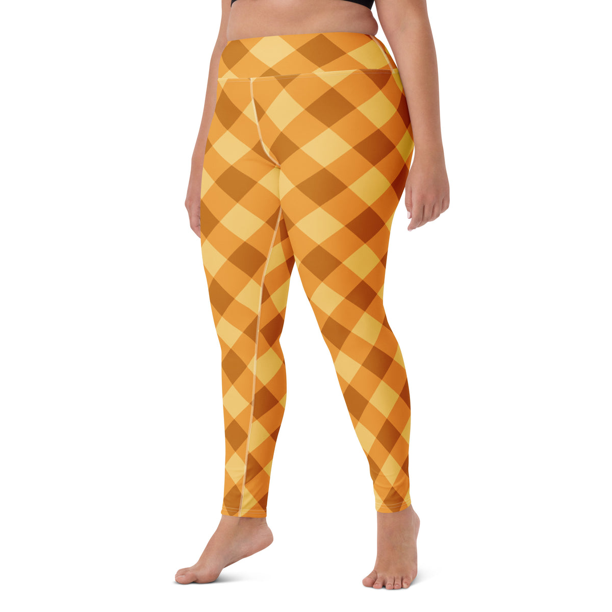 Women's Orange Plaid Buttery Soft Yoga Leggings - Quick Drying, High Waisted Comfort