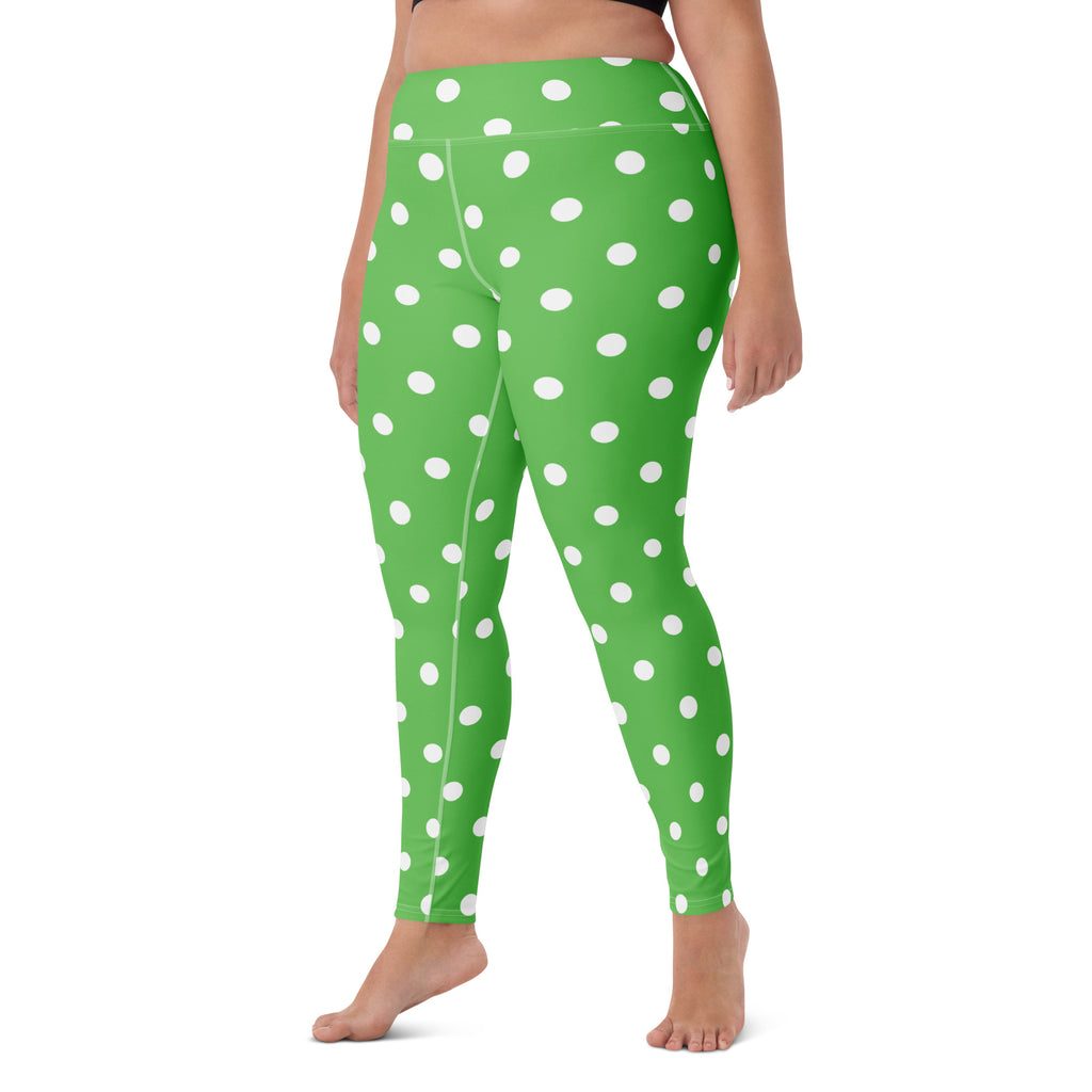 Women's Green Polka Dot Buttery Soft Yoga Leggings - Quick Drying, High Waisted Comfort