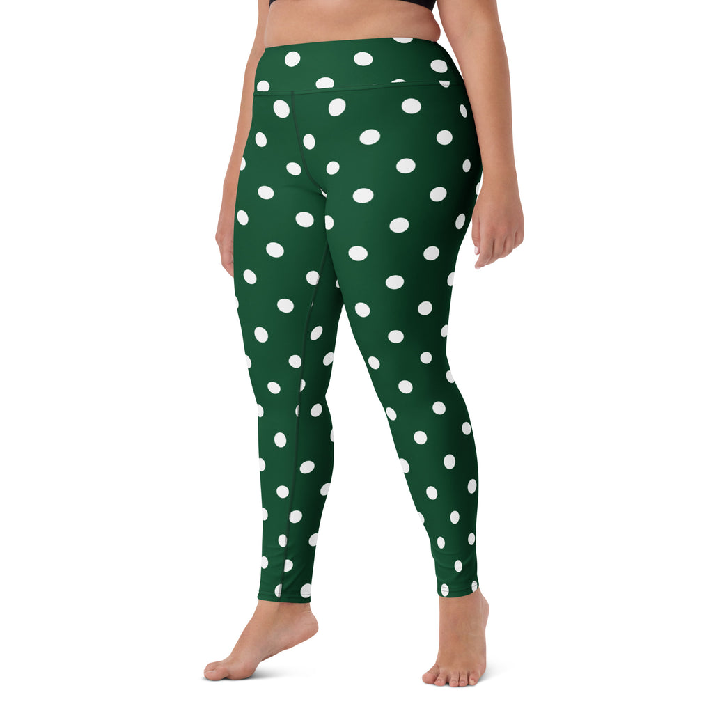 Women's Forest Green Polka Dot Buttery Soft Yoga Leggings - Quick Drying, High Waisted Comfort