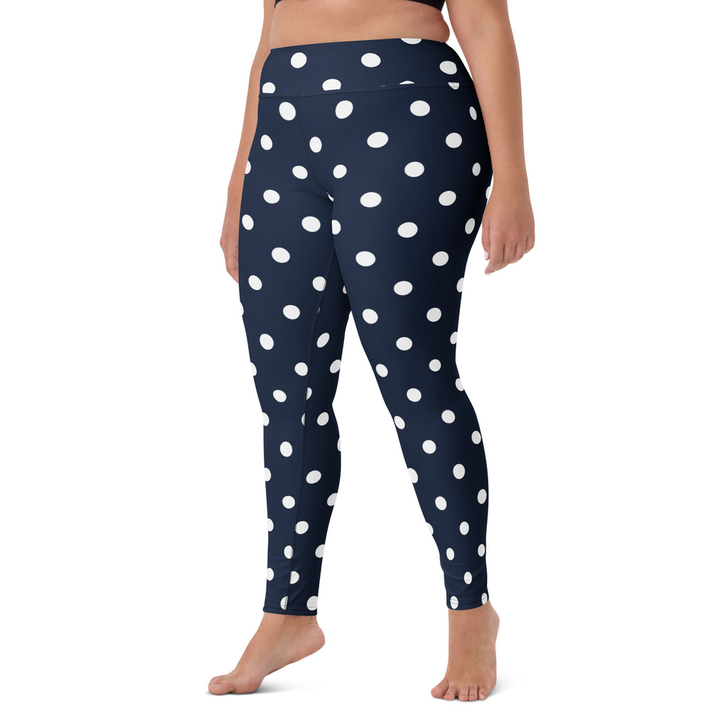 Women's Navy Blue Polka Dot Buttery Soft Yoga Leggings - Quick Drying, High Waisted Comfort
