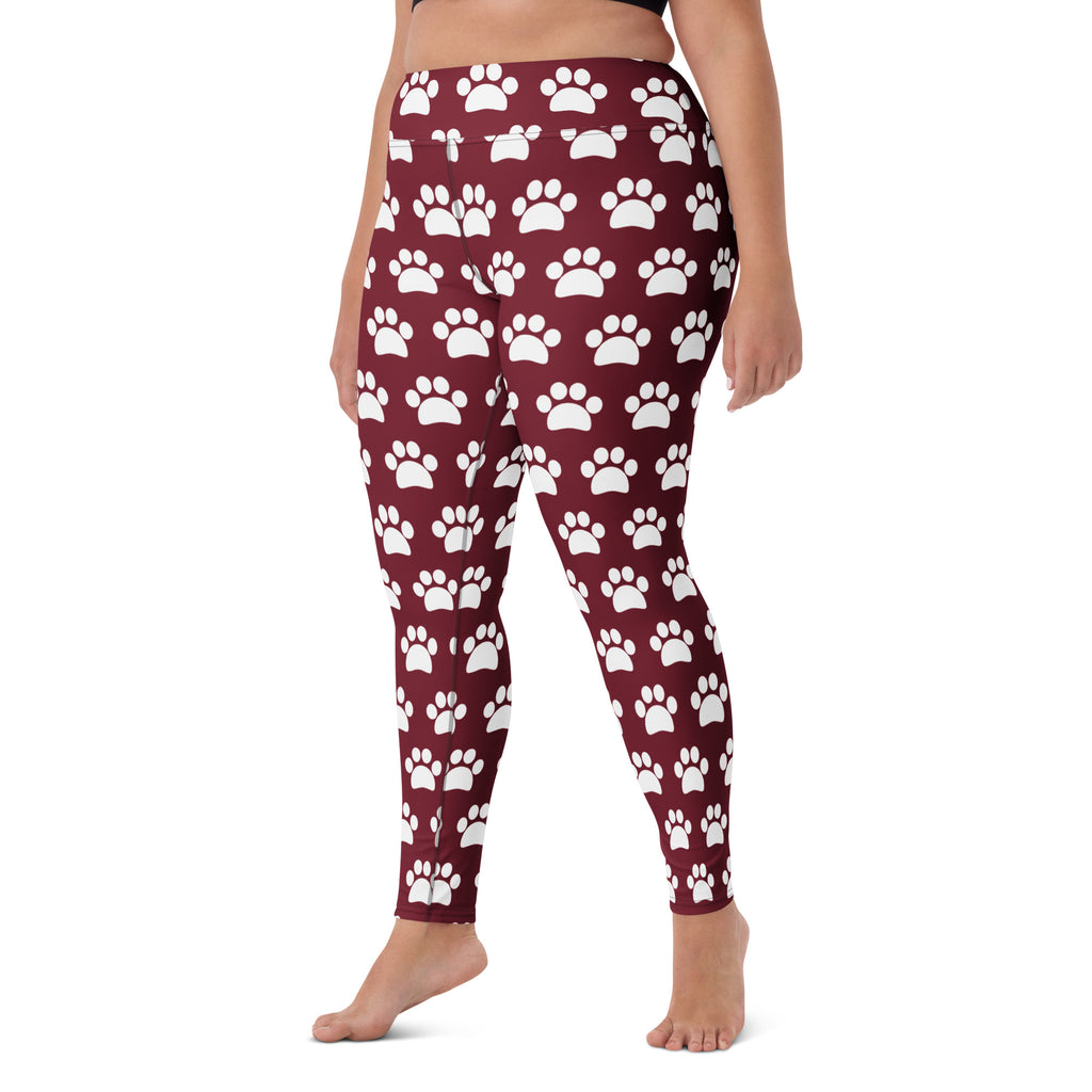 Women's Burgundy Paw Print Buttery Soft Yoga Leggings - Quick Drying, High Waisted Comfort