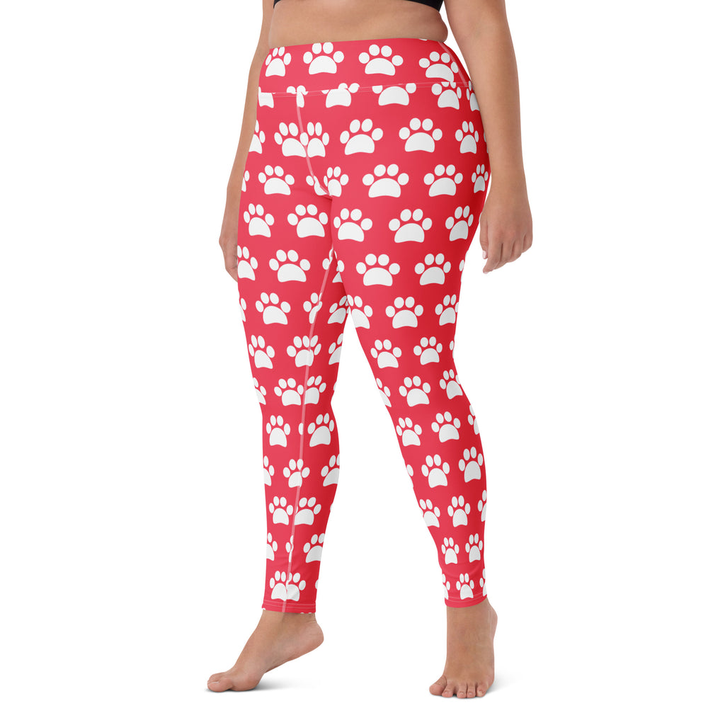 Women's Bright Pink Paw Print Buttery Soft Yoga Leggings - Quick Drying, High Waisted Comfort
