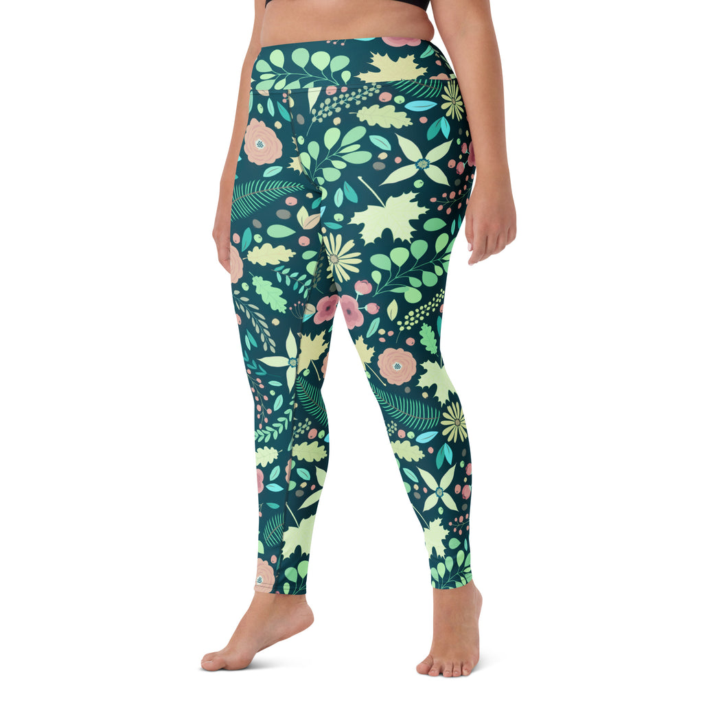 Women's Dark Green Floral Buttery Soft Yoga Leggings - Quick Drying, High Waisted Comfort