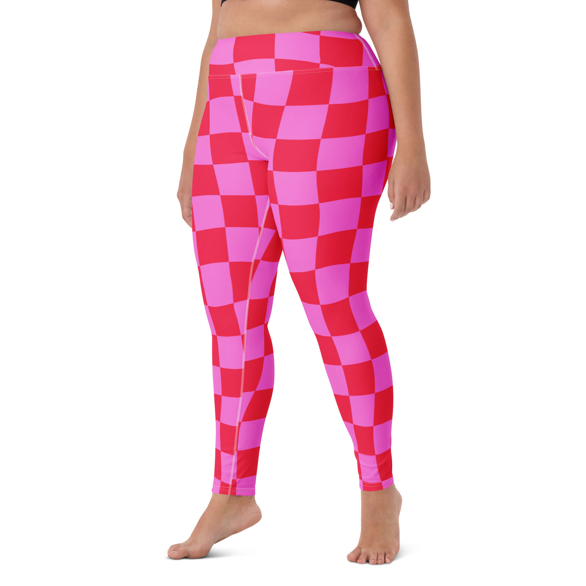 Women's Hot Pink Wavy Checkered Buttery Soft Yoga Leggings - Quick Drying, High Waisted Comfort