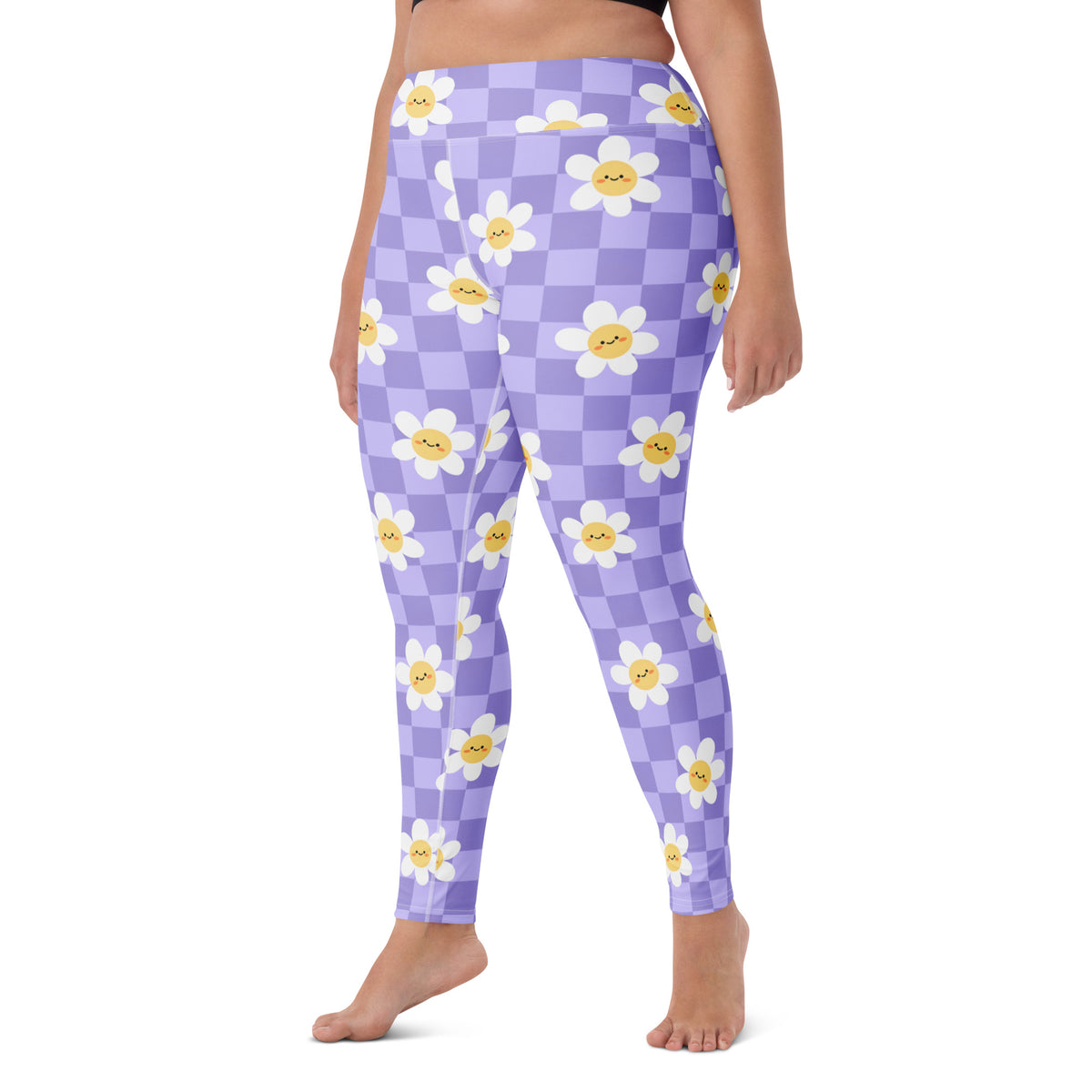 Women's Purple Daisy Checkered Buttery Soft Yoga Leggings - Quick Drying, High Waisted Comfort