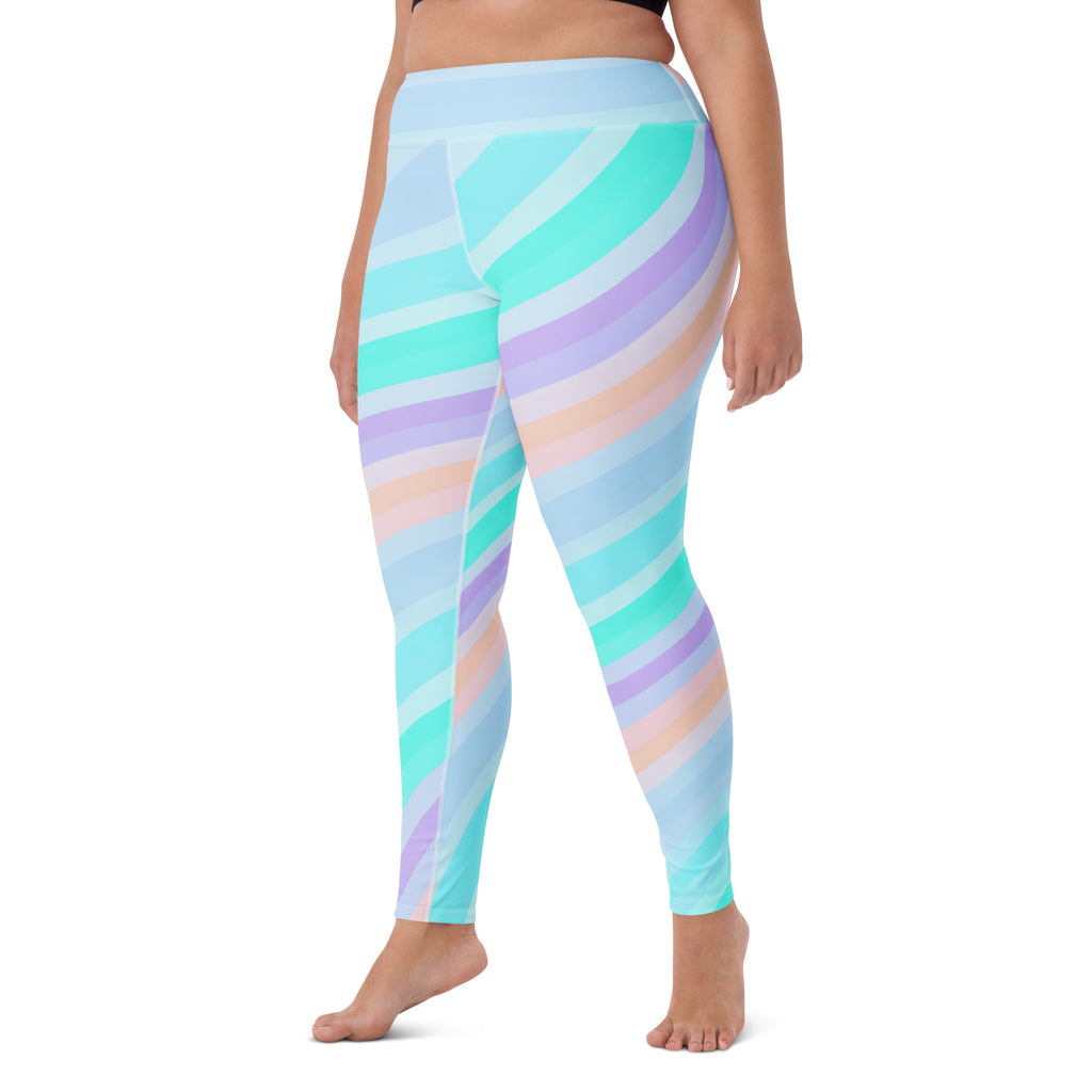 Women's Pastel Blue Rainbow Striped Buttery Soft Yoga Leggings - Quick Drying, High Waisted Comfort