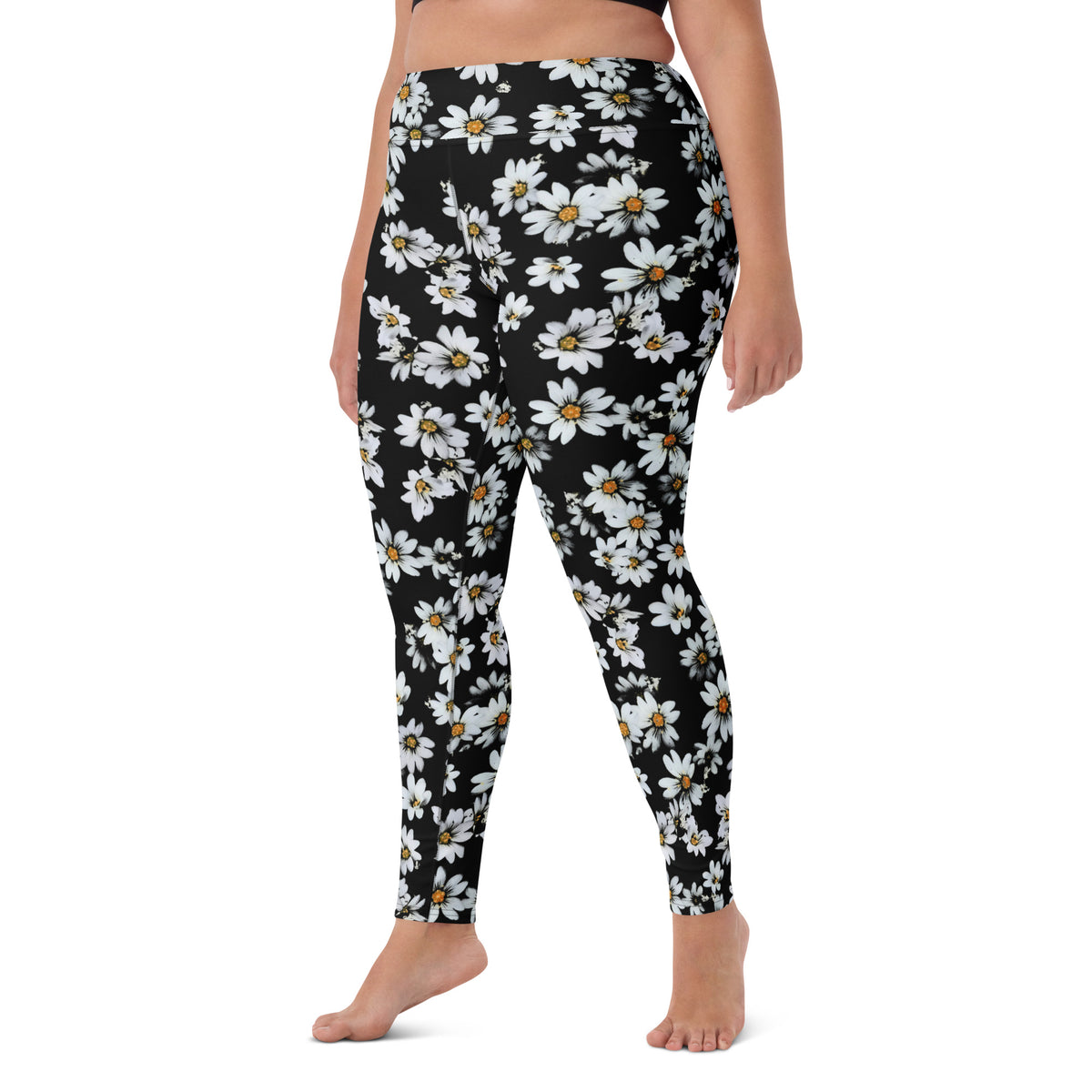 Women's Black Daisy Floral Buttery Soft Yoga Leggings - Quick Drying, High Waisted Comfort