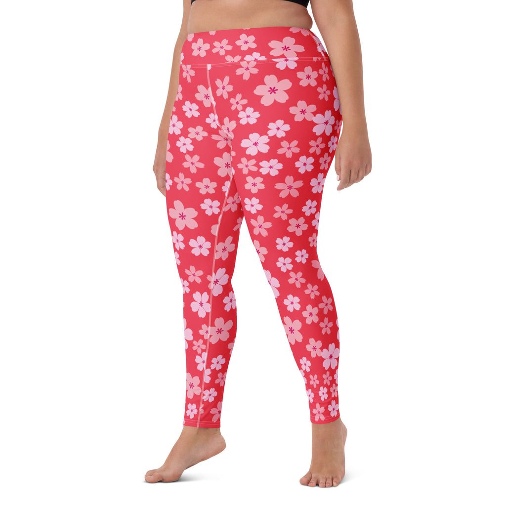 Women's Bright Pink Cherry Blossom Buttery Soft Yoga Leggings - Quick Drying, High Waisted Comfort