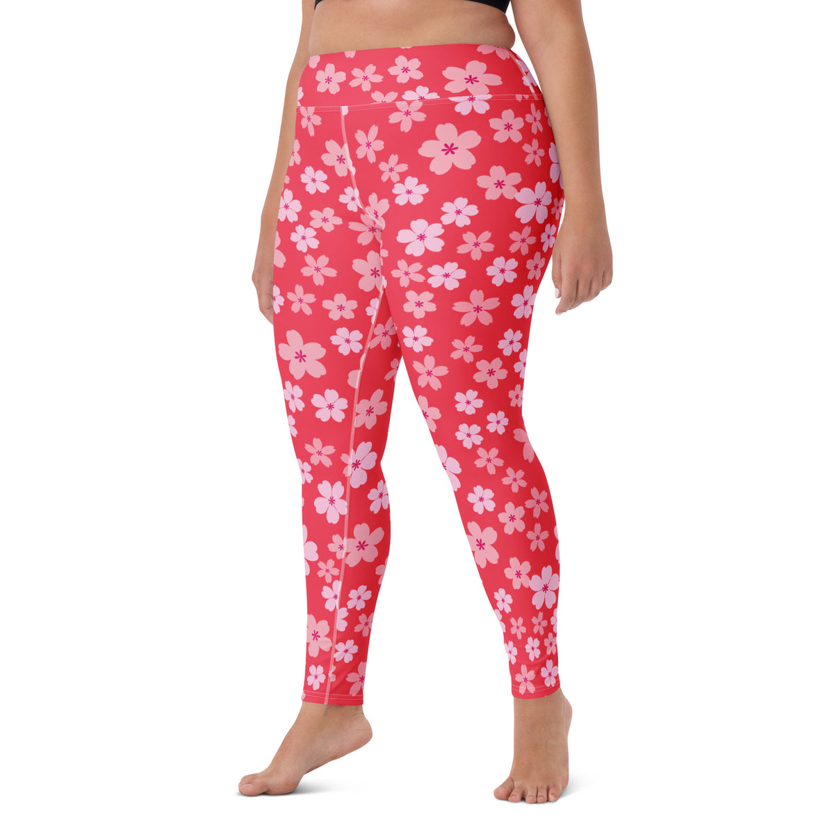 Women's Bright Pink Cherry Blossom Buttery Soft Yoga Leggings - Quick Drying, High Waisted Comfort