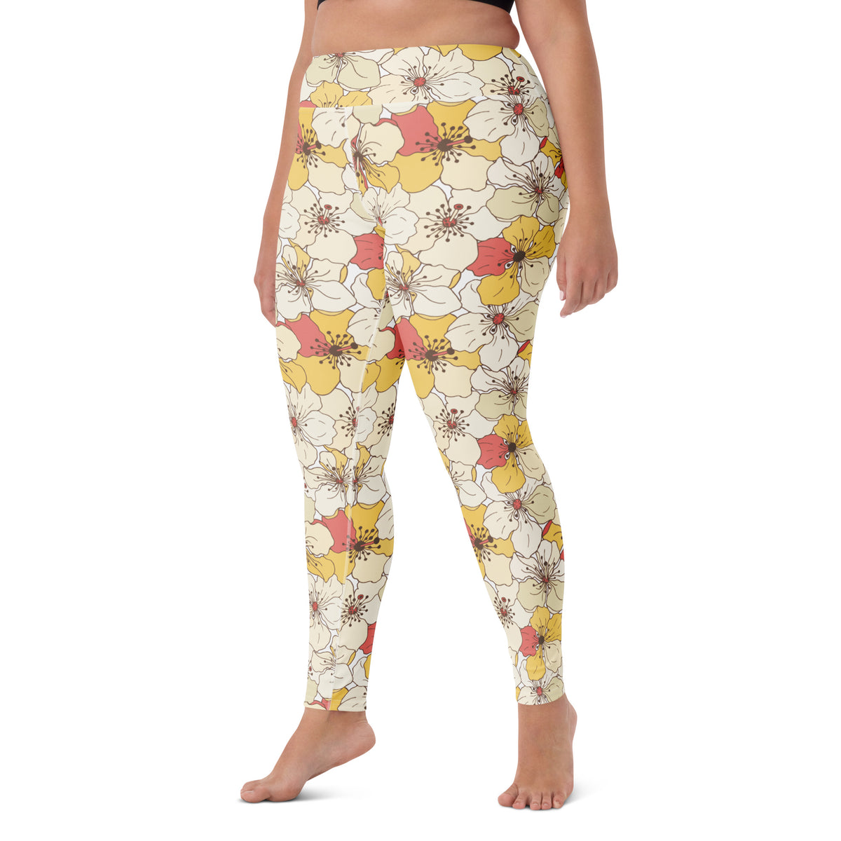 Women's Vintage Cream Floral Buttery Soft Yoga Leggings - Quick Drying, High Waisted Comfort