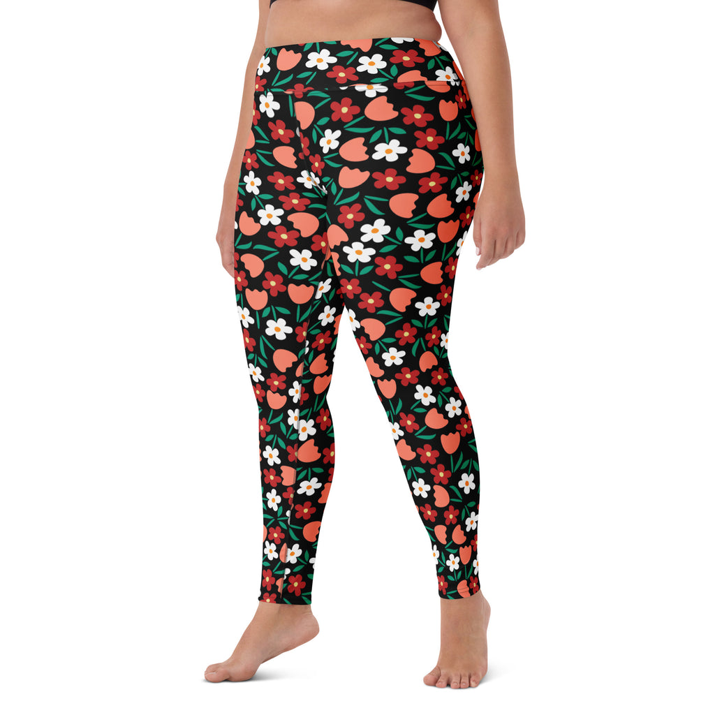 Women's Coral Red Floral Buttery Soft Yoga Leggings - Quick Drying, High Waisted Comfort