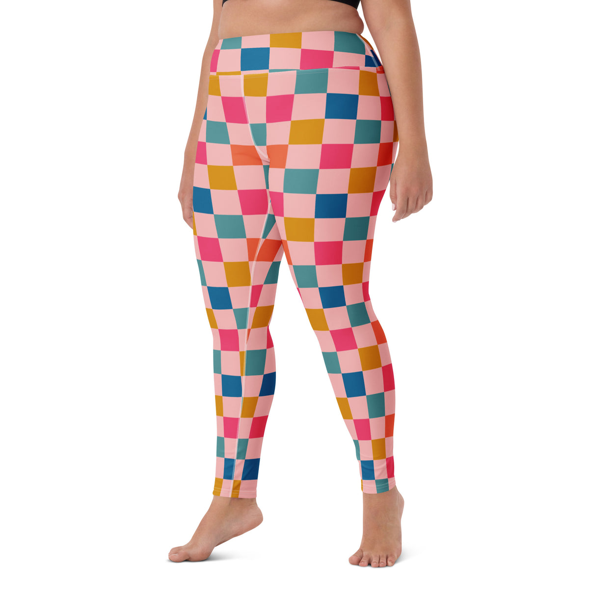Women's Colorful Pink Checkered Buttery Soft Yoga Leggings - Quick Drying, High Waisted Comfort