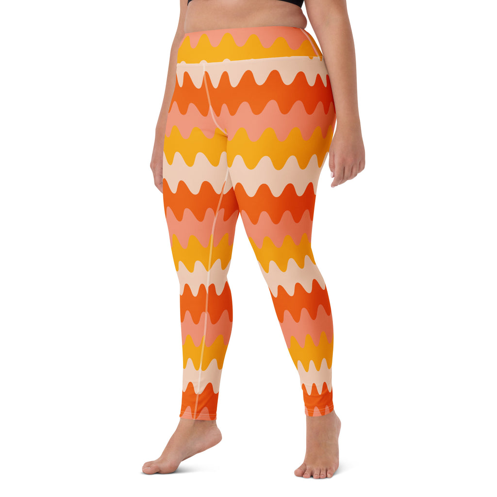 Women's Orange Wavy Stripe Buttery Soft Yoga Leggings - Quick Drying, High Waisted Comfort