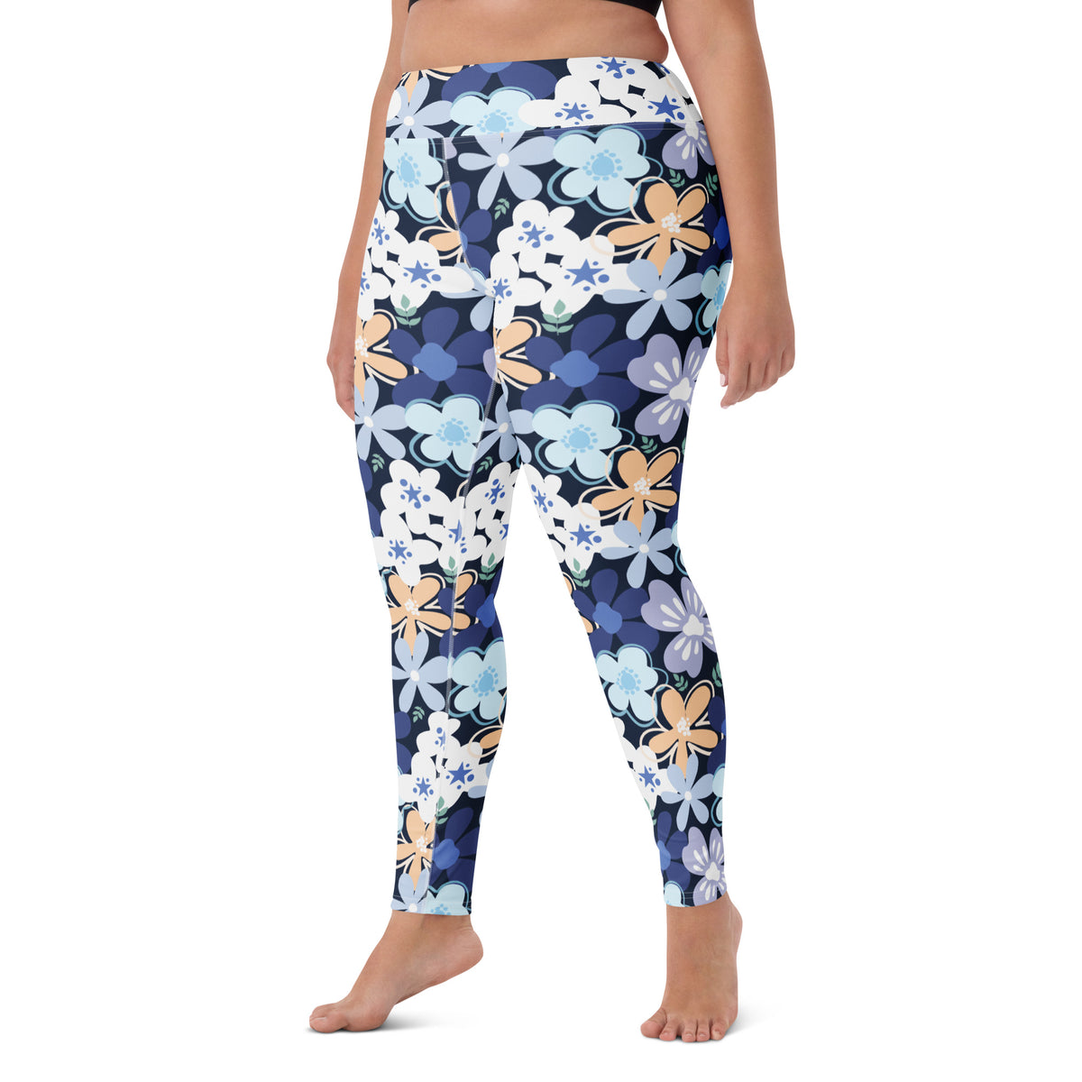 Women's Navy Blue Flowers Buttery Soft Yoga Leggings - Quick Drying, High Waisted Comfort