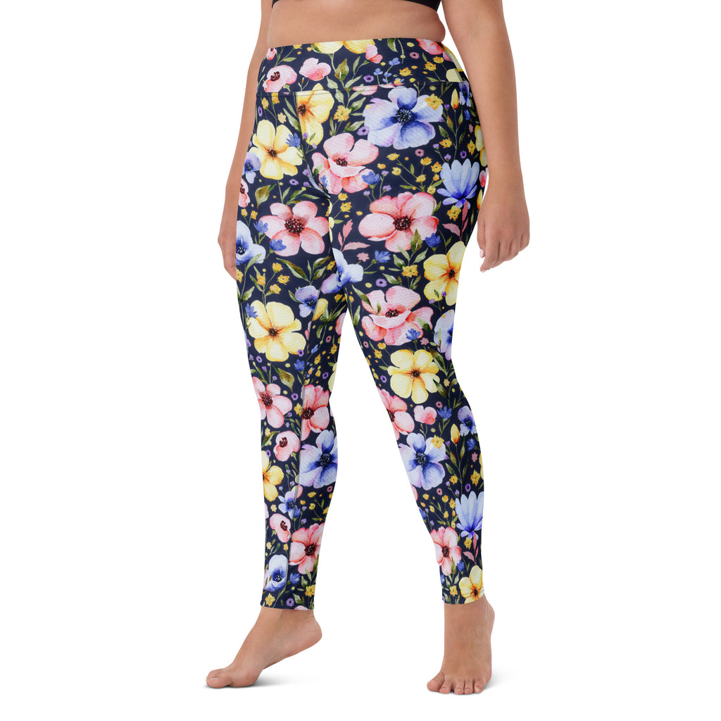 Women's Navy Watercolor Floral Buttery Soft Yoga Leggings - Quick Drying, High Waisted Comfort