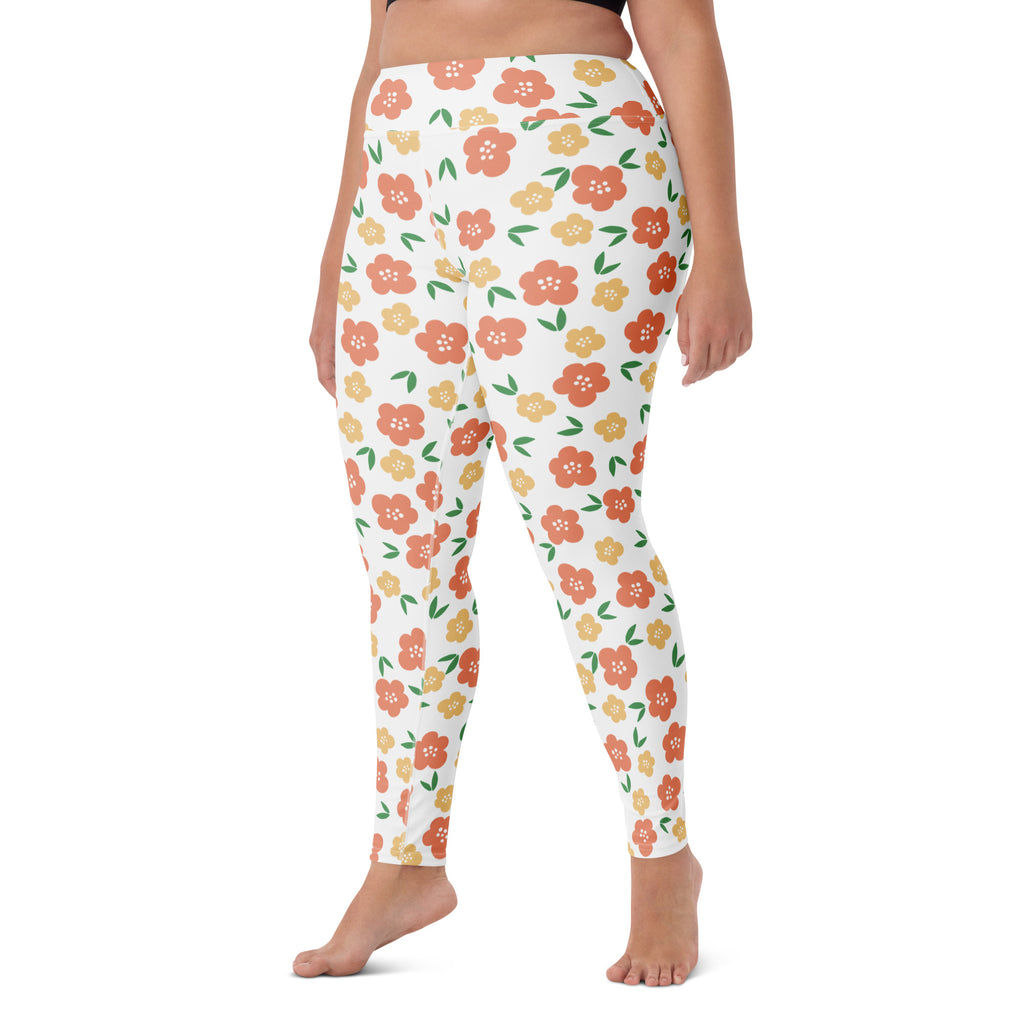 Women's Orange Floral Buttery Soft Yoga Leggings - Quick Drying, High Waisted Comfort