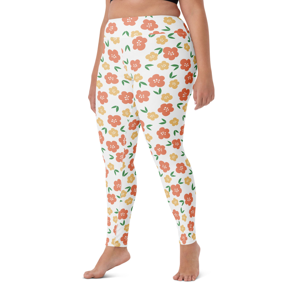 Women's Orange Floral Buttery Soft Yoga Leggings - Quick Drying, High Waisted Comfort