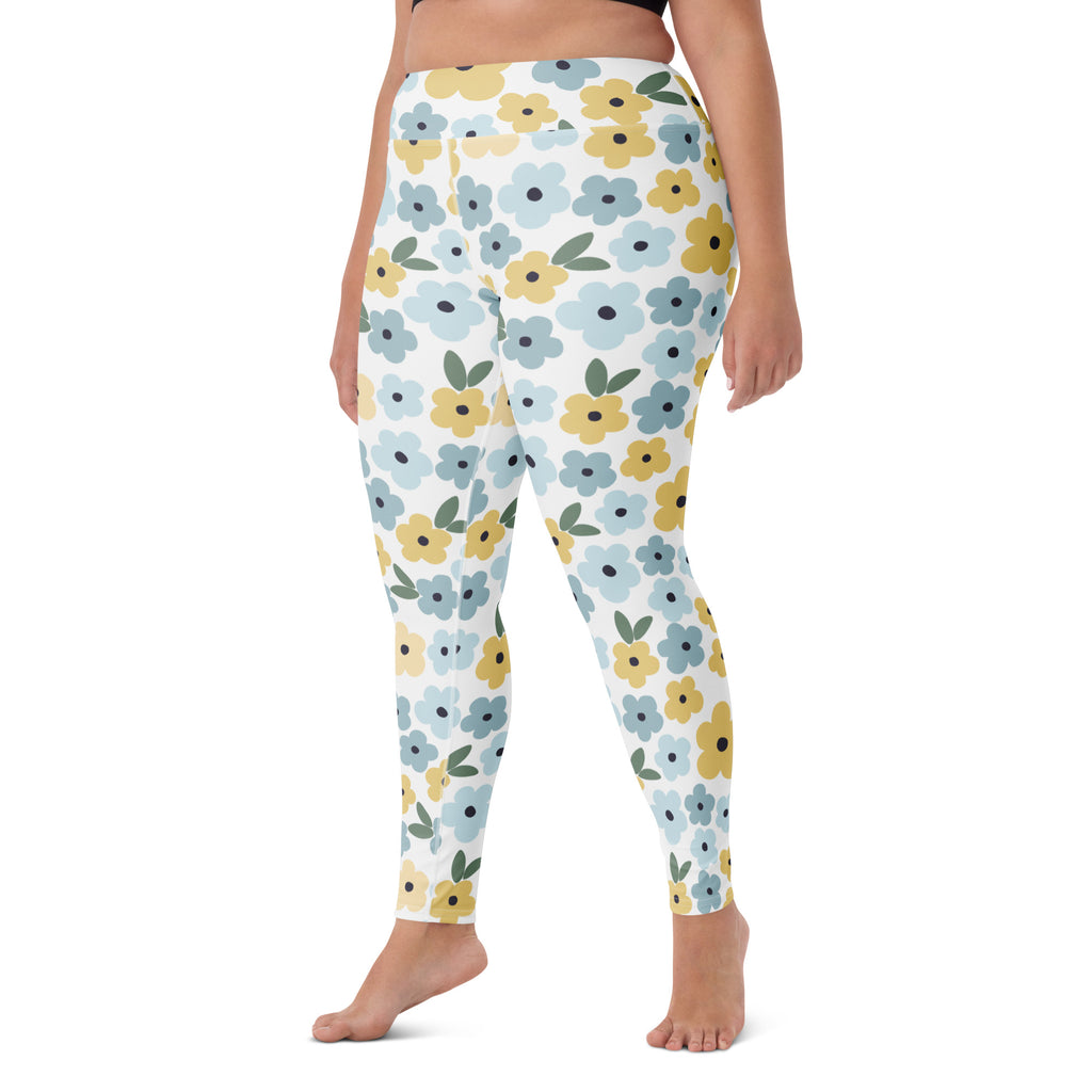 Women's Blue Yellow Floral Buttery Soft Yoga Leggings - Quick Drying, High Waisted Comfort
