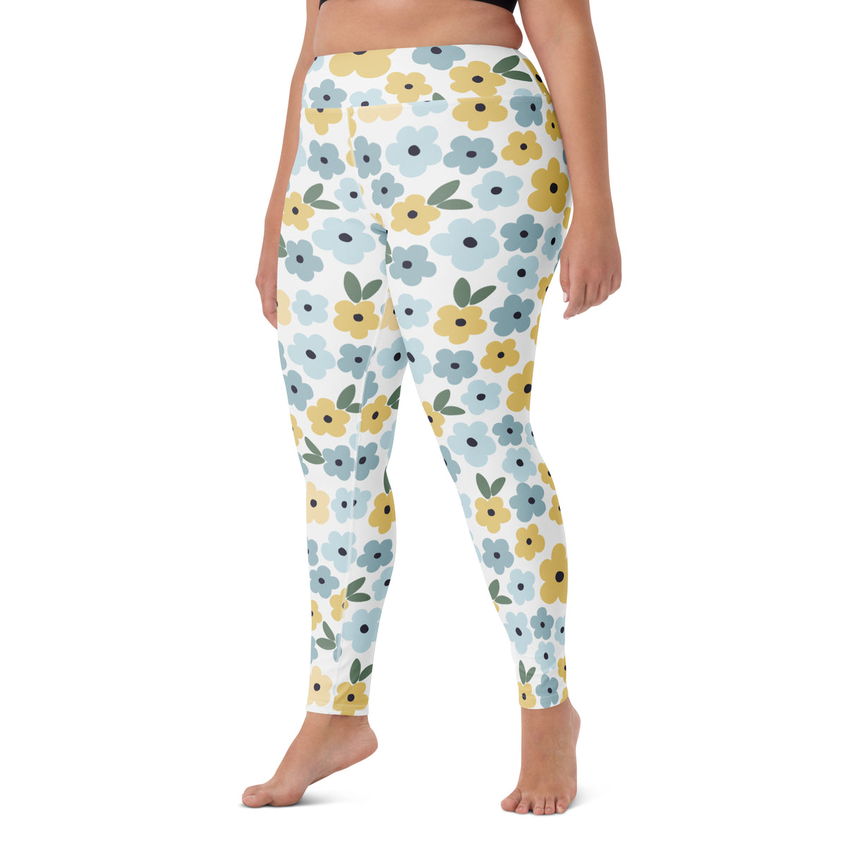 Women's Blue Yellow Floral Buttery Soft Yoga Leggings - Quick Drying, High Waisted Comfort