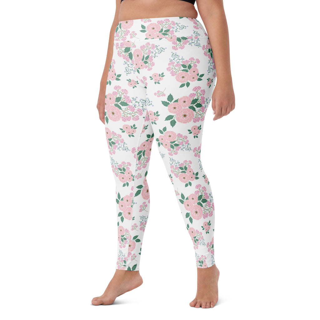 Women's Pink Rose Floral Buttery Soft Yoga Leggings - Quick Drying, High Waisted Comfort
