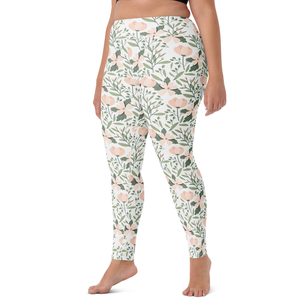 Women's Blush Pink Floral Buttery Soft Yoga Leggings - Quick Drying, High Waisted Comfort