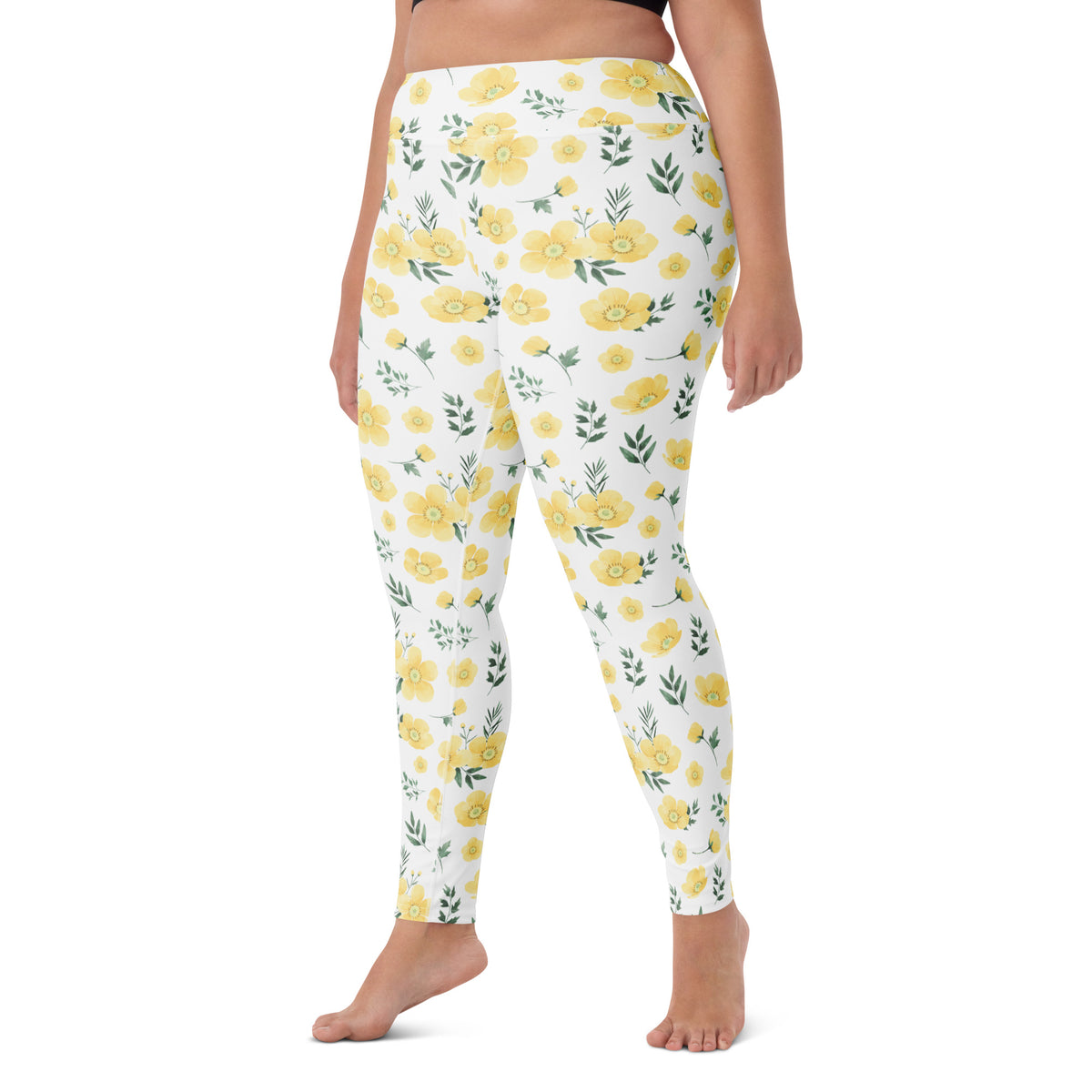 Women's Yellow Wildflower Buttery Soft Yoga Leggings - Quick Drying, High Waisted Comfort
