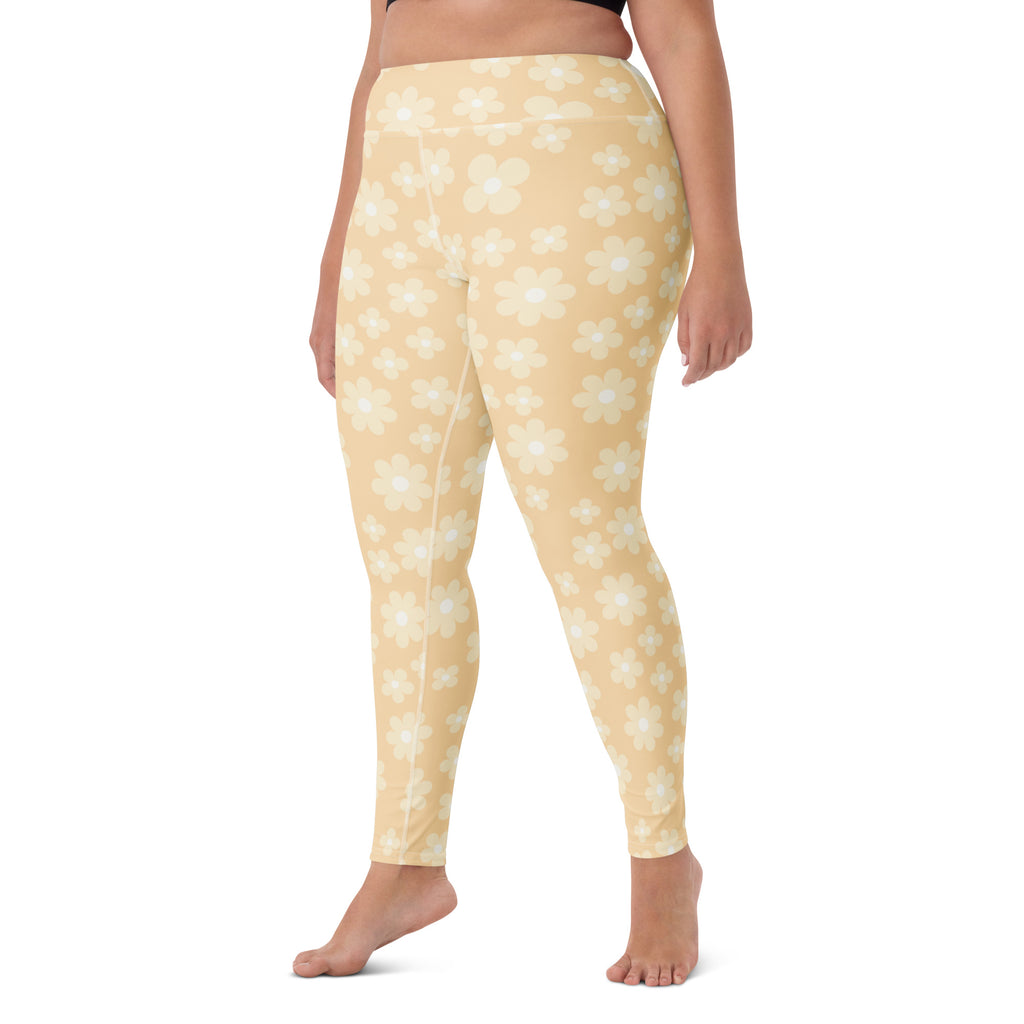 Women's Beige Daisy Buttery Soft Yoga Leggings - Quick Drying, High Waisted Comfort