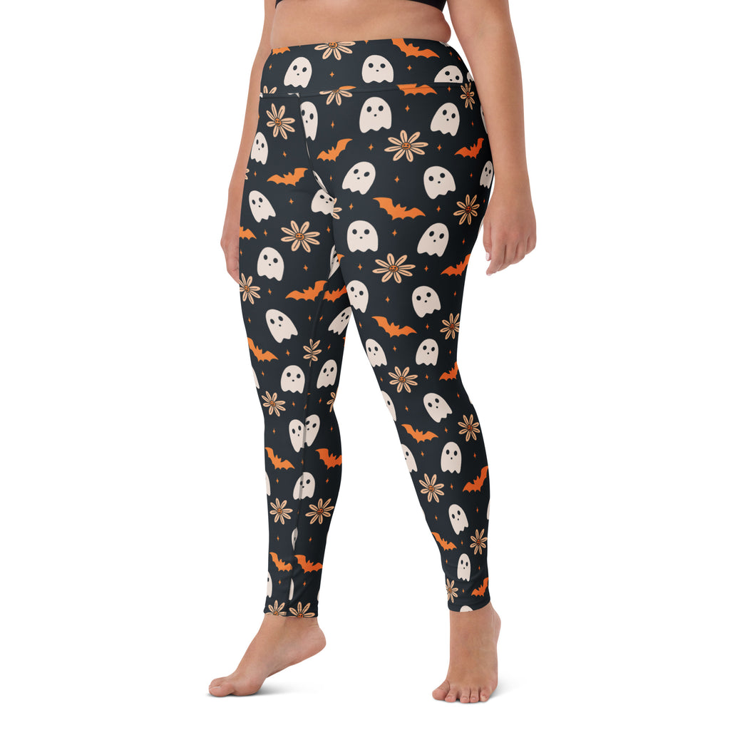 Women's Orange Floral Ghost Halloween Buttery Soft Yoga Leggings - Quick Drying, High Waisted Comfort