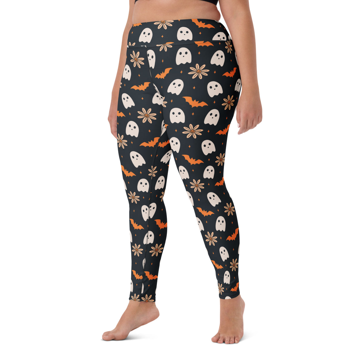 Women's Orange Floral Ghost Halloween Buttery Soft Yoga Leggings - Quick Drying, High Waisted Comfort