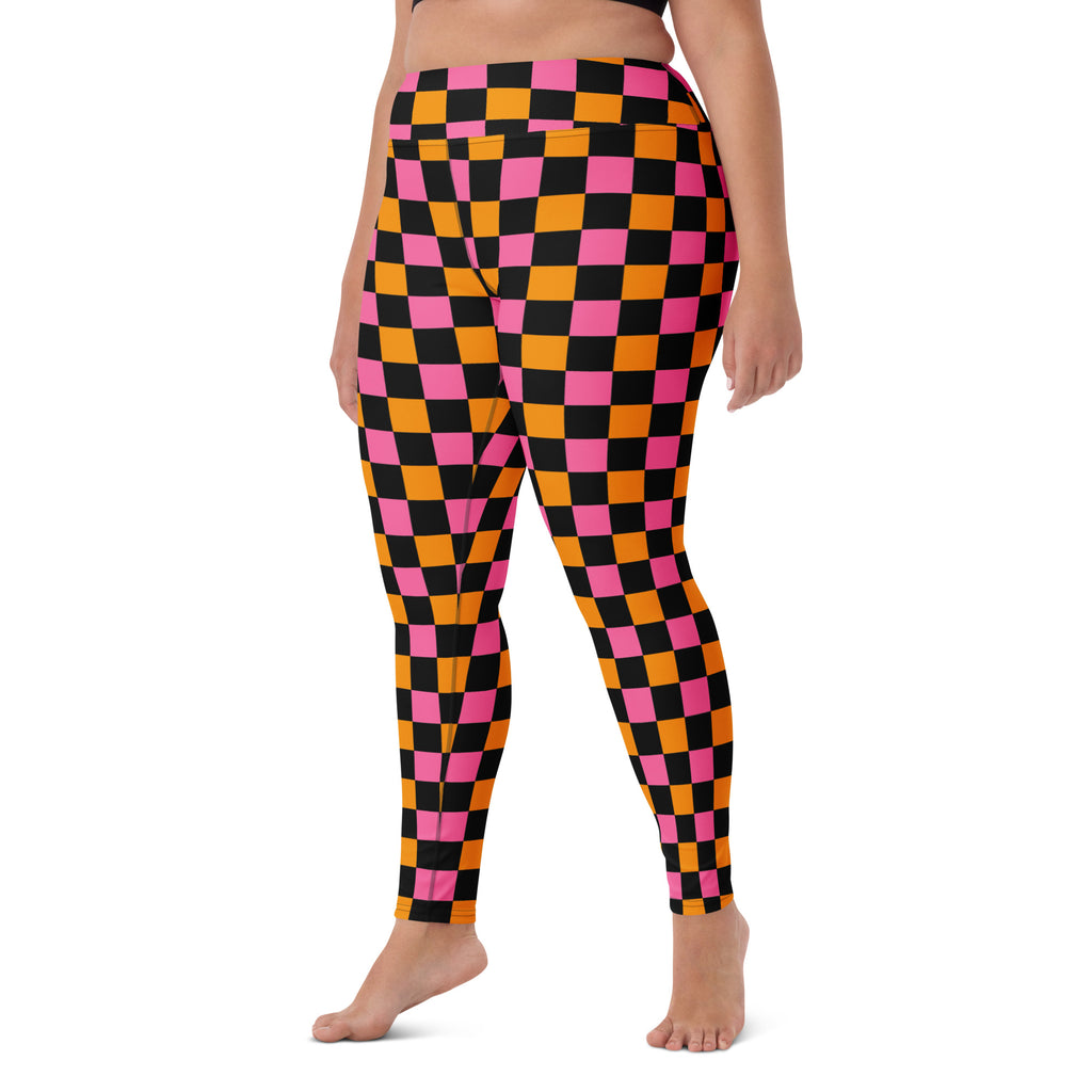 Women's Pink Orange Black Checkered Halloween Buttery Soft Yoga Leggings - Quick Drying, High Waisted Comfort