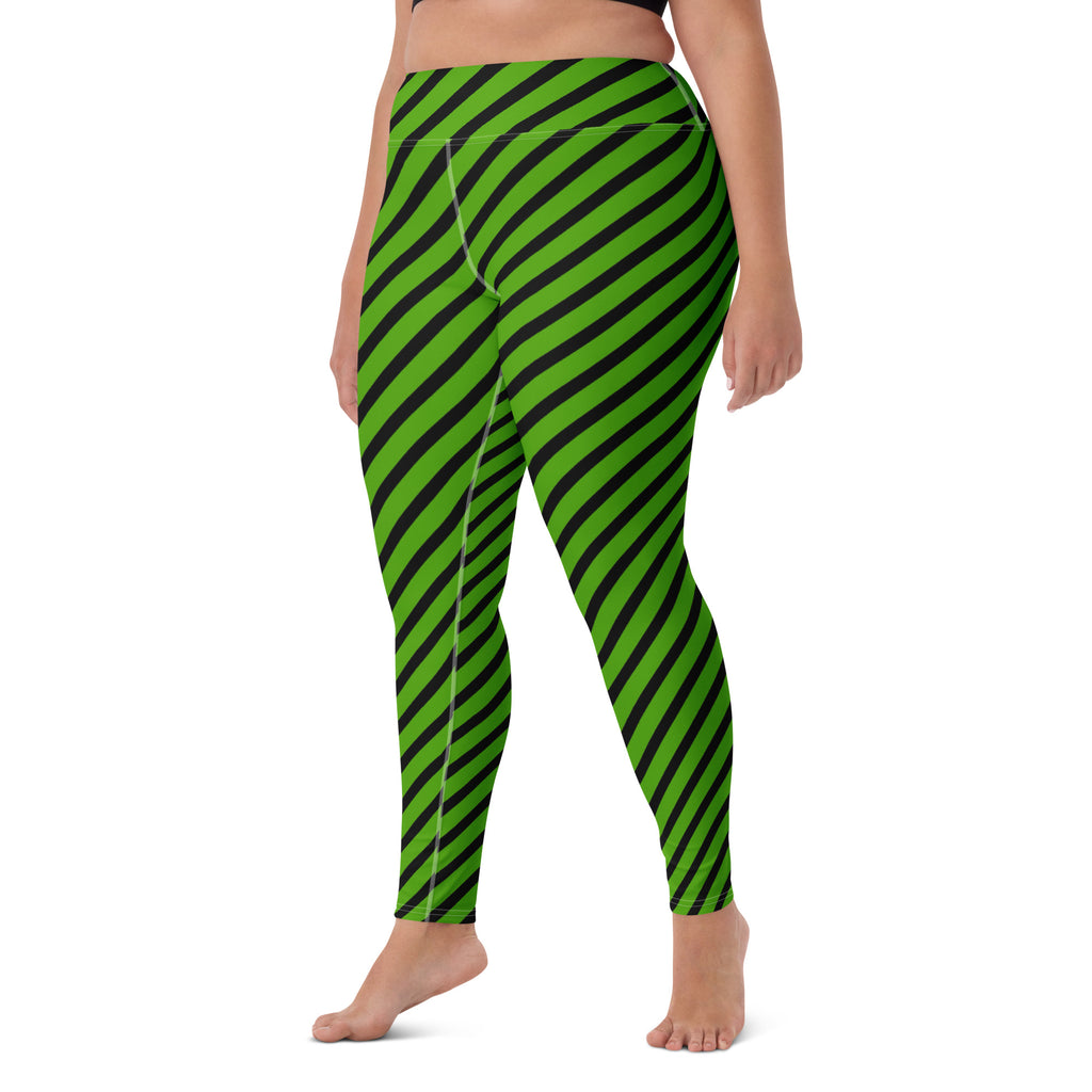 Women's Green Black Striped Halloween Buttery Soft Yoga Leggings - Quick Drying, High Waisted Comfort