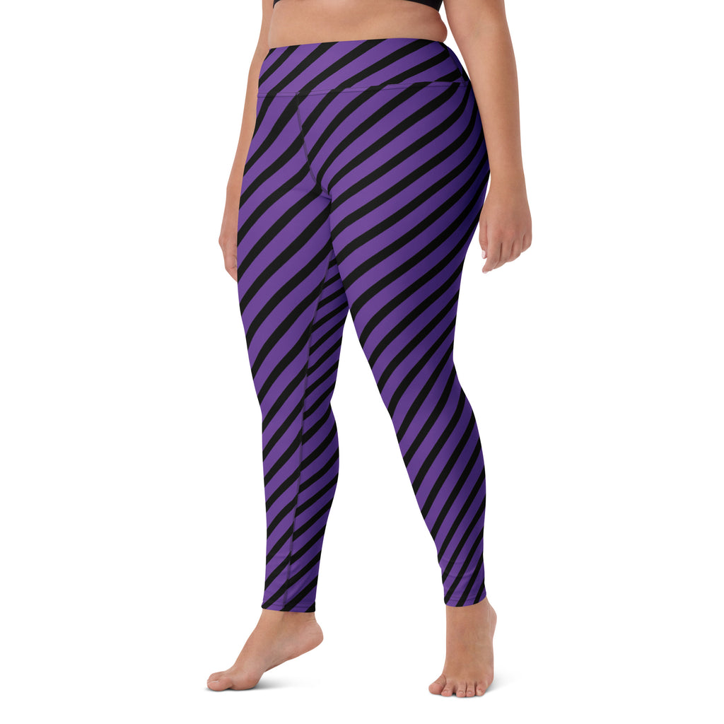Women's Purple Black Striped Halloween Buttery Soft Yoga Leggings - Quick Drying, High Waisted Comfort