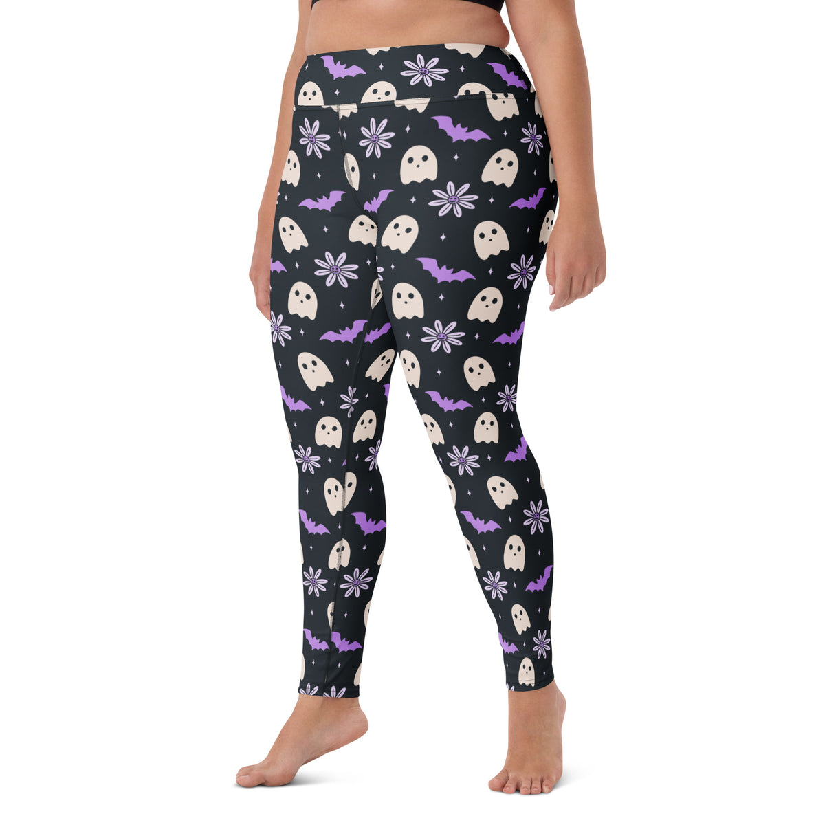 Women's Purple Floral Ghost Halloween Buttery Soft Yoga Leggings - Quick Drying, High Waisted Comfort