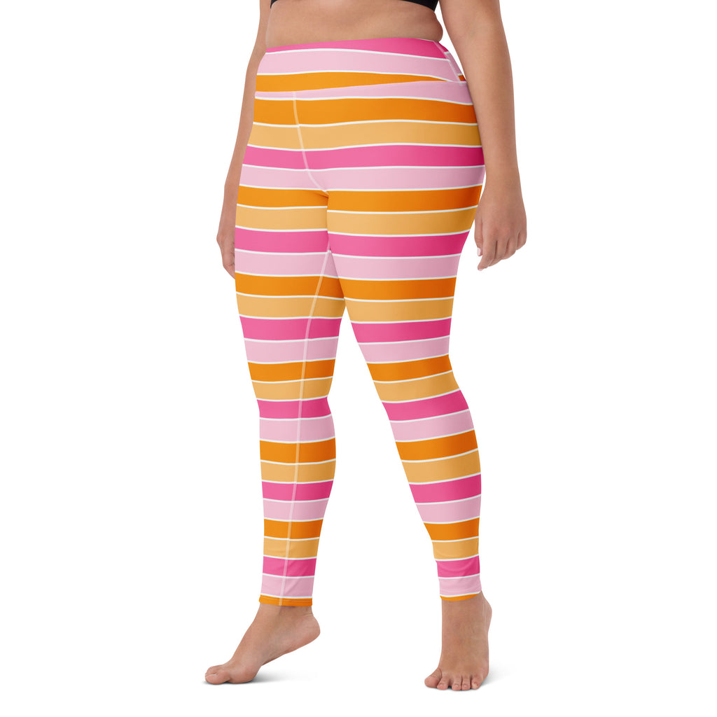 Women's Pink & Orange Candy Corn Striped Halloween Buttery Soft Yoga Leggings - Quick Drying, High Waisted Comfort