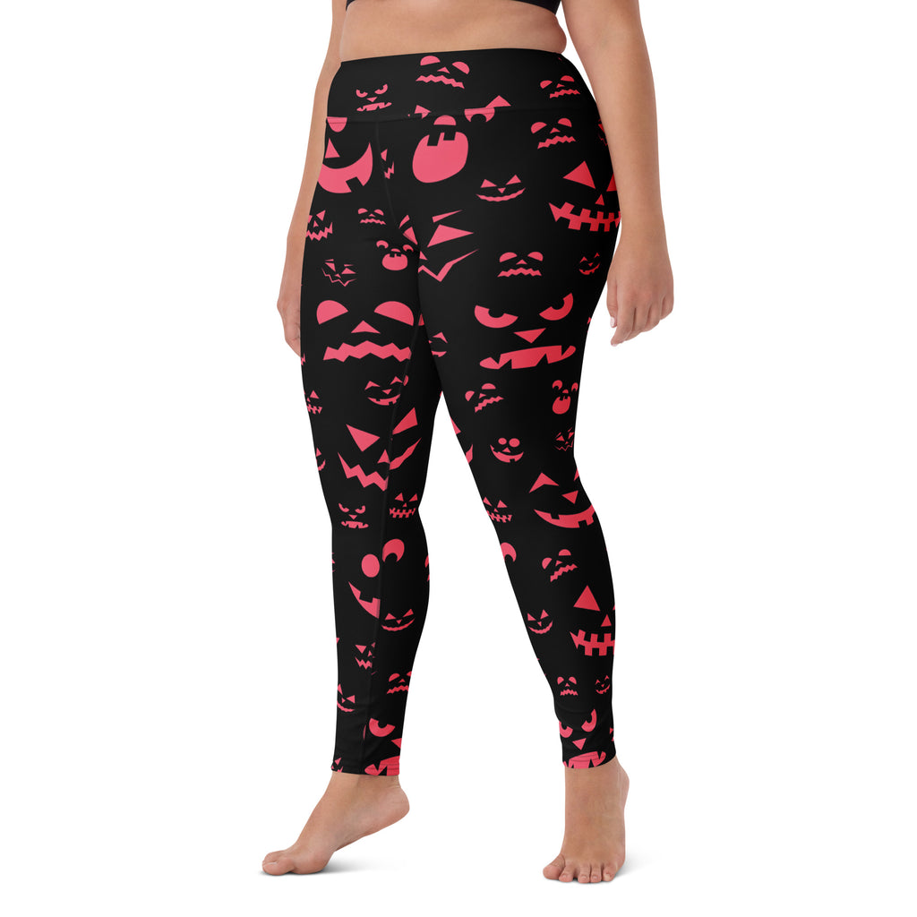Women's Pink Jack-O'-Lantern Faces Halloween Buttery Soft Yoga Leggings - Quick Drying, High Waisted Comfort
